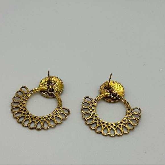 Boho Filigree Gold Tone Hoop Stud Earrings with Pale Green Medallion - Picture 8 of 8